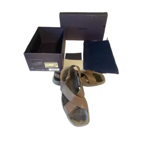 PRADA Sandals Mens Size 8.5 Brown Calfskin Calzature Uomo Novo Calf Cross Over
