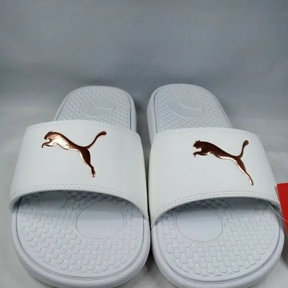 PUMA AUTHENTIC COOL CAT SPORT WOMEN'S Sz 8 WHITE GOLDEN SLIP ON SLIDES SANDALS