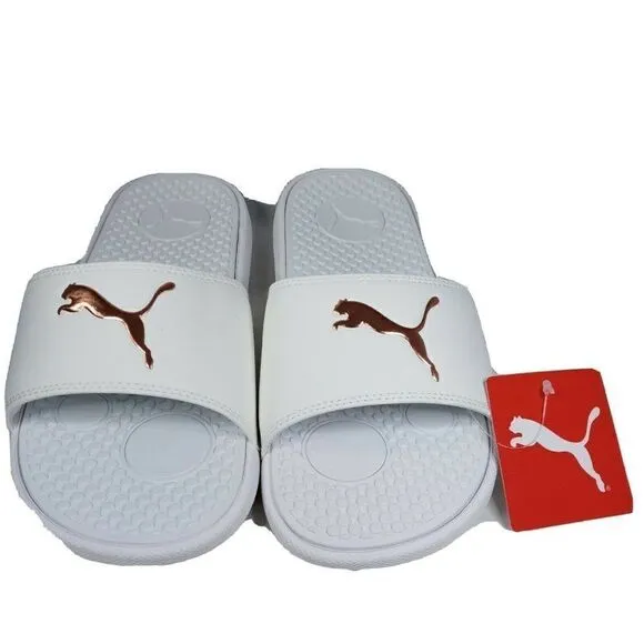 PUMA AUTHENTIC COOL CAT SPORT WOMEN'S Sz 8 WHITE GOLDEN SLIP ON SLIDES SANDALS