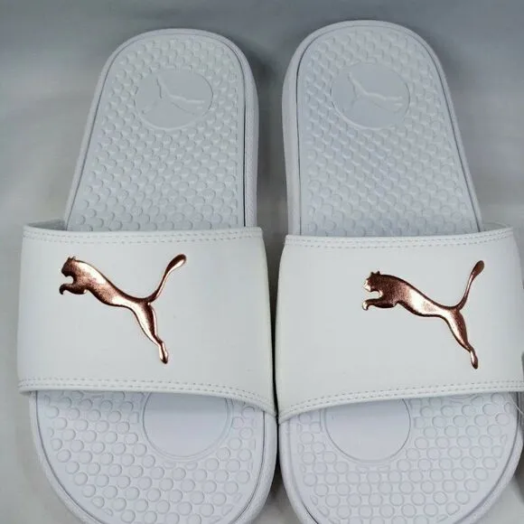 PUMA AUTHENTIC COOL CAT SPORT WOMEN'S Sz 8 WHITE GOLDEN SLIP ON SLIDES SANDALS