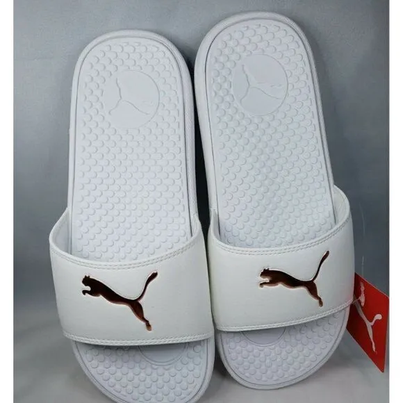 PUMA AUTHENTIC COOL CAT SPORT WOMEN'S Sz 8 WHITE GOLDEN SLIP ON SLIDES SANDALS