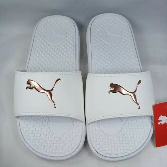 PUMA AUTHENTIC COOL CAT SPORT WOMEN'S Sz 8 WHITE GOLDEN SLIP ON SLIDES SANDALS