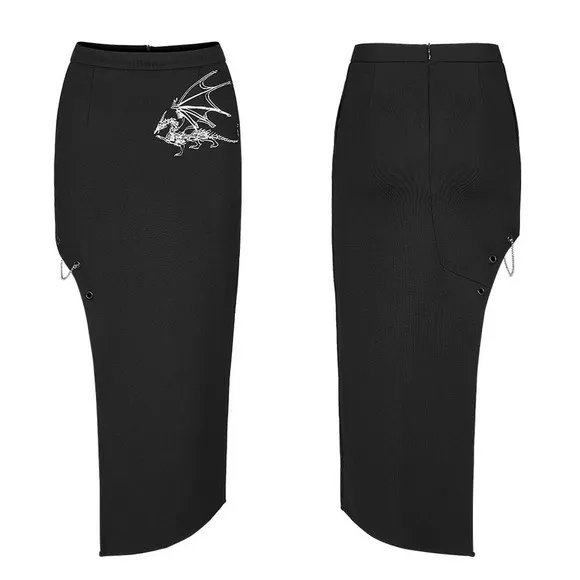 PUNK RAVE DOLLS KILL BLACK DRAGON EMBROIDERED PENCIL SKIRT WITH CHAINS 2X NWT
