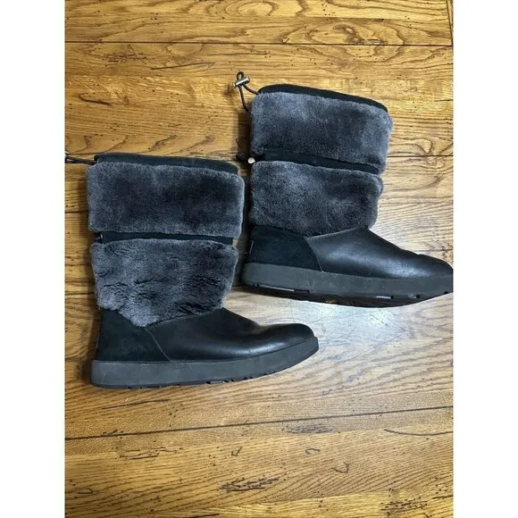RARE UGG REYKIR BLACK WATERPROOF COLD WEATHER DRAWSTRING FUR WOMEN'S SIZE US9.5