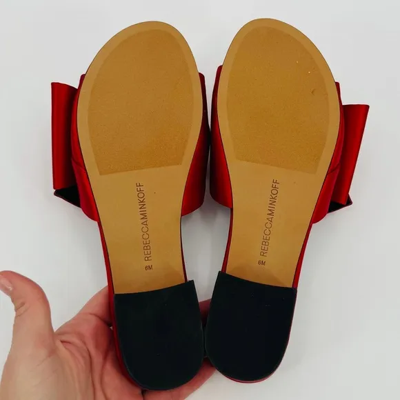 Rebecca Minkoff Calista Red Bow Satin‎ Sandals Size 6 Kitten Heel Open Toe