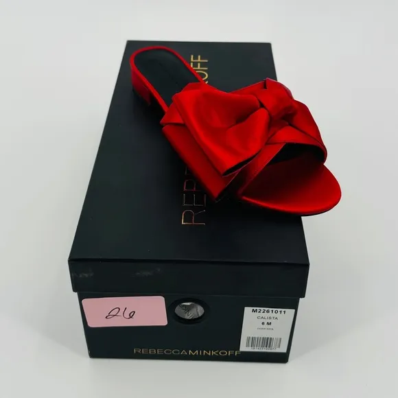 Rebecca Minkoff Calista Red Bow Satin‎ Sandals Size 6 Kitten Heel Open Toe