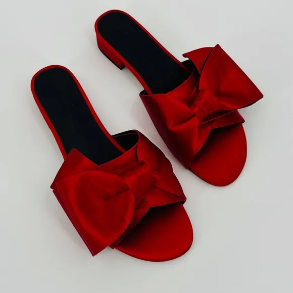 Rebecca Minkoff Calista Red Bow Satin‎ Sandals Size 6 Kitten Heel Open Toe