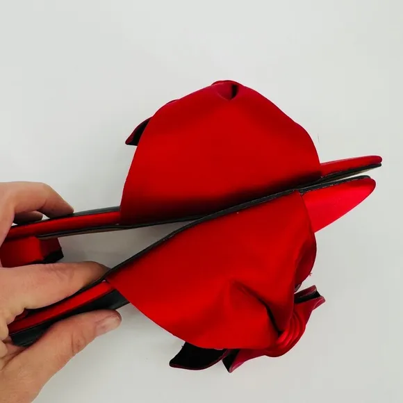 Rebecca Minkoff Calista Red Bow Satin‎ Sandals Size 6 Kitten Heel Open Toe