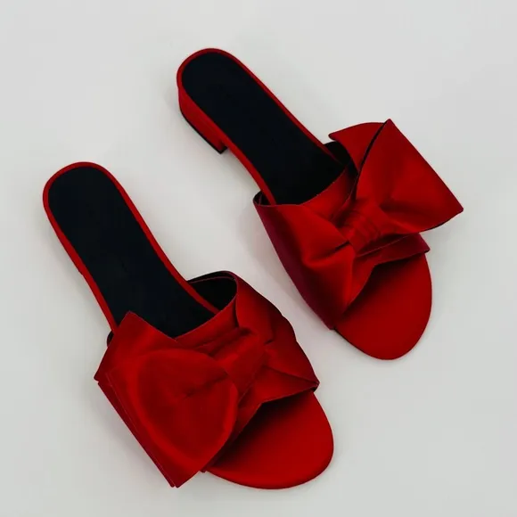 Rebecca Minkoff Calista Red Bow Satin‎ Sandals Size 6 Kitten Heel Open Toe