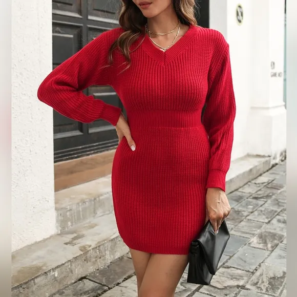 Red V-Neck Rib-Knit Sweater Dress