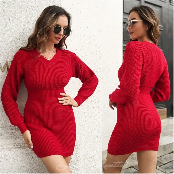 Red V-Neck Rib-Knit Sweater Dress