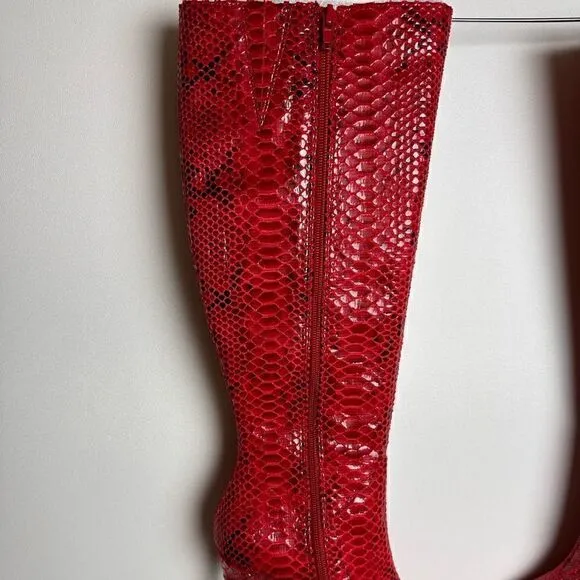 Red snake print knee high boots