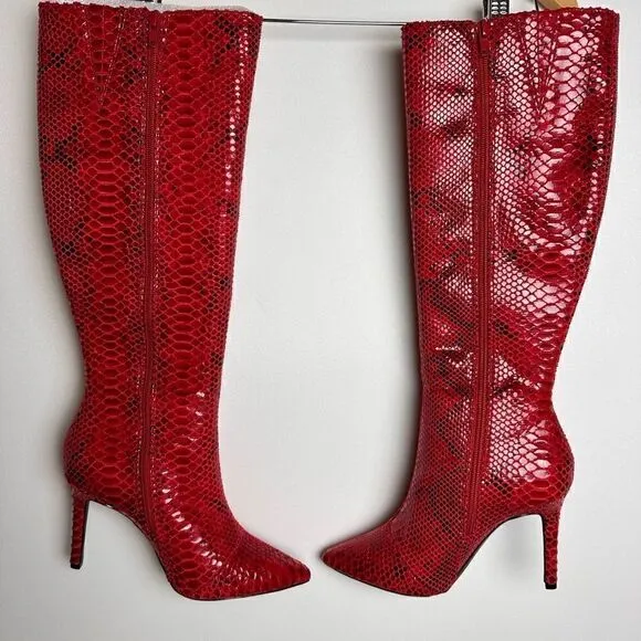 Red snake print knee high boots