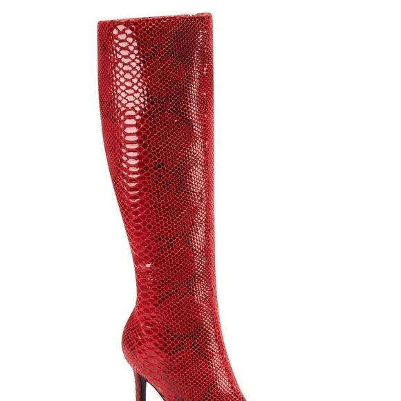 Red snake print knee high boots