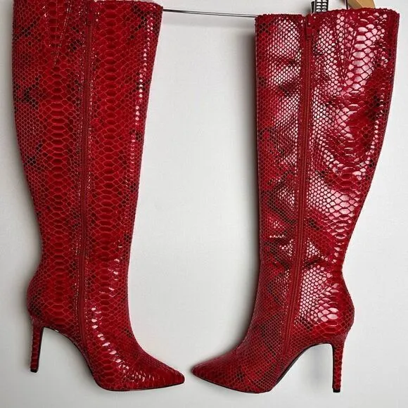 Red snake print knee high boots