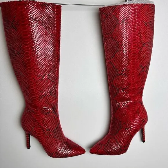 Red snake print knee high boots
