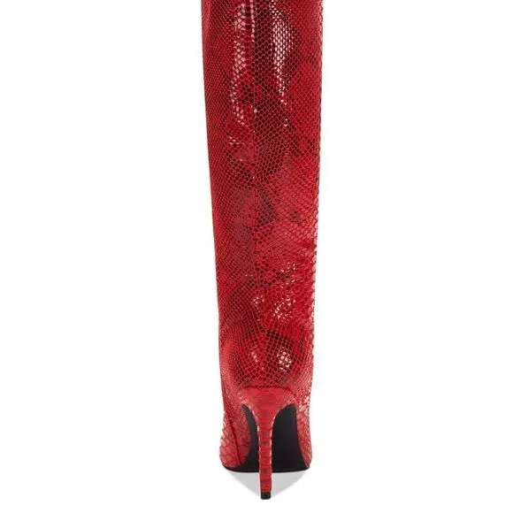 Red snake print knee high boots