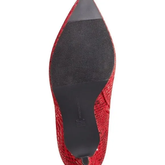 Red snake print knee high boots