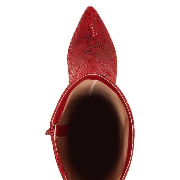 Red snake print knee high boots