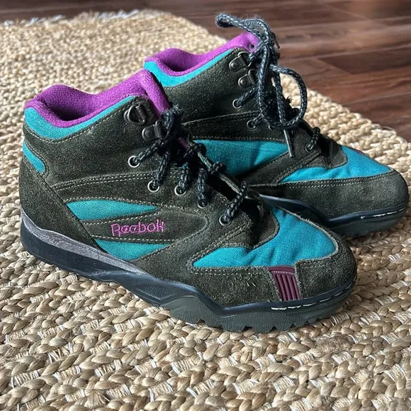 Reebok Vintage 90’s Kids Hiking Boots Suede Canvas Hunter Green Teal Purple sz3