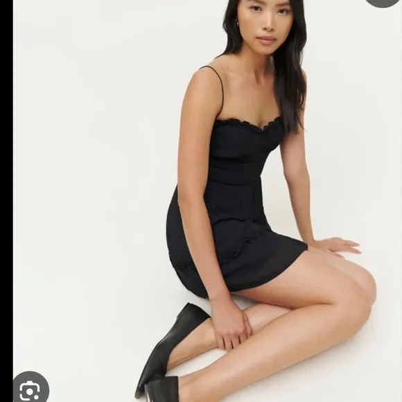 Reformation Black Marin Spaghetti Strap Viscose Ruffle Trim Mini Dress NWT 8
