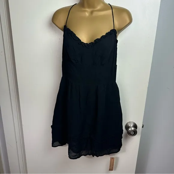 Reformation Black Marin Spaghetti Strap Viscose Ruffle Trim Mini Dress NWT 8