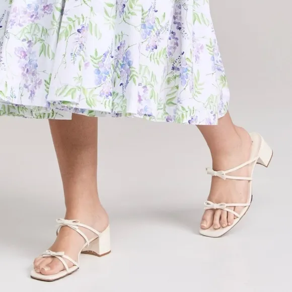 Reformation Elodie Bow Leather Block Heel Slip On Open Toe Sandals Off White 8.5