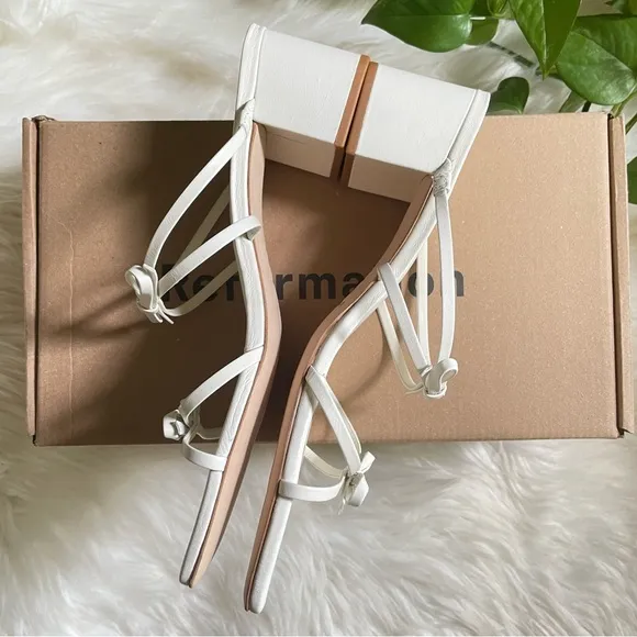 Reformation Elodie Bow Leather Block Heel Slip On Open Toe Sandals Off White 8.5