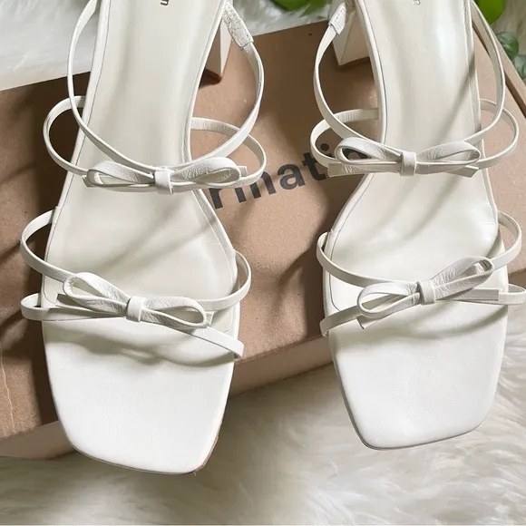 Reformation Elodie Bow Leather Block Heel Slip On Open Toe Sandals Off White 8.5