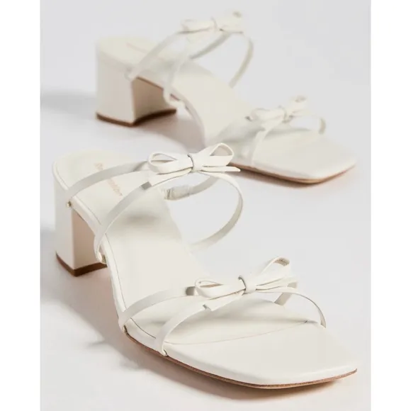 Reformation Elodie Bow Leather Block Heel Slip On Open Toe Sandals Off White 8.5