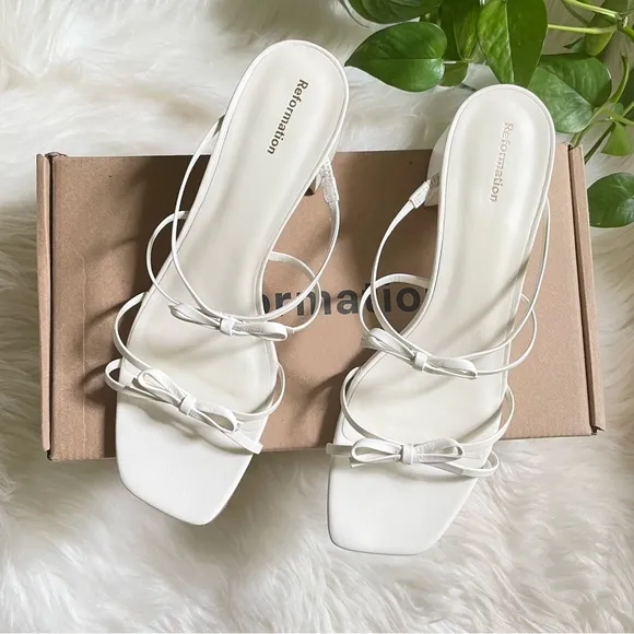 Reformation Elodie Bow Leather Block Heel Slip On Open Toe Sandals Off White 8.5