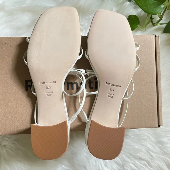 Reformation Elodie Bow Leather Block Heel Slip On Open Toe Sandals Off White 8.5