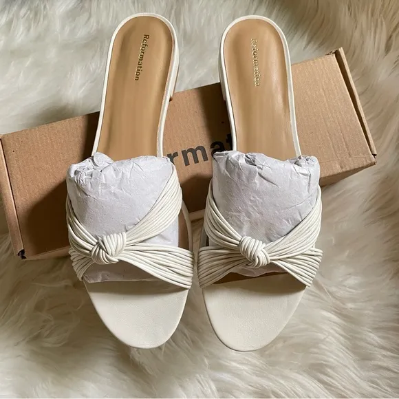 Reformation Peridot Mignon Knot Flat Leather Slide Slip On Sandals Off White W9