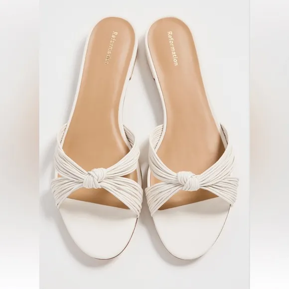 Reformation Peridot Mignon Knot Flat Leather Slide Slip On Sandals Off White W9