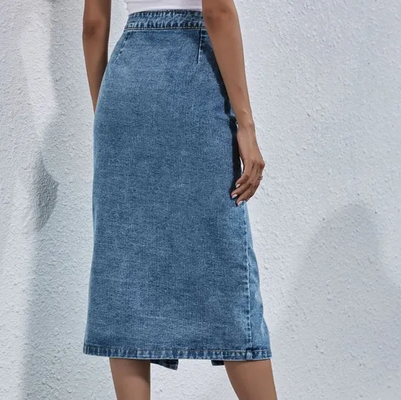 Retro High-Rise Waist Button Front Blue Jean Midi Denim Pocket Pencil Skirt