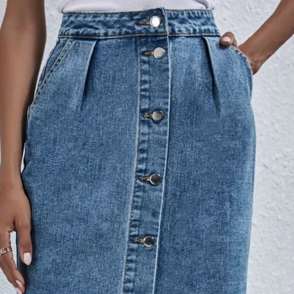 Retro High-Rise Waist Button Front Blue Jean Midi Denim Pocket Pencil Skirt