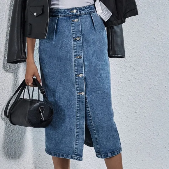 Retro High-Rise Waist Button Front Blue Jean Midi Denim Pocket Pencil Skirt