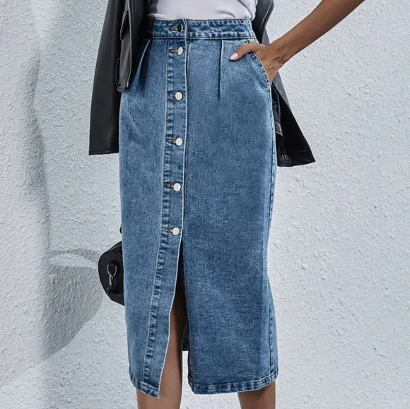 Retro High-Rise Waist Button Front Blue Jean Midi Denim Pocket Pencil Skirt