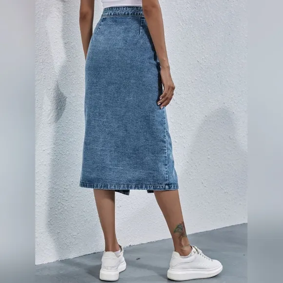 Retro High-Rise Waist Button Front Blue Jean Midi Denim Pocket Pencil Skirt