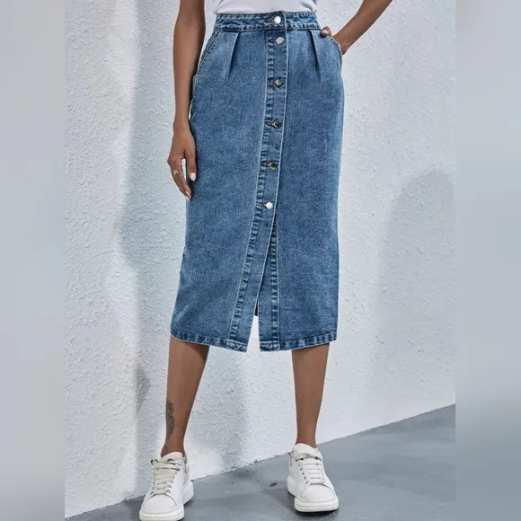Retro High-Rise Waist Button Front Blue Jean Midi Denim Pocket Pencil Skirt
