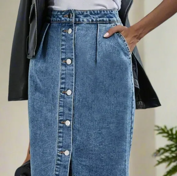 Retro High-Rise Waist Button Front Blue Jean Midi Denim Pocket Pencil Skirt