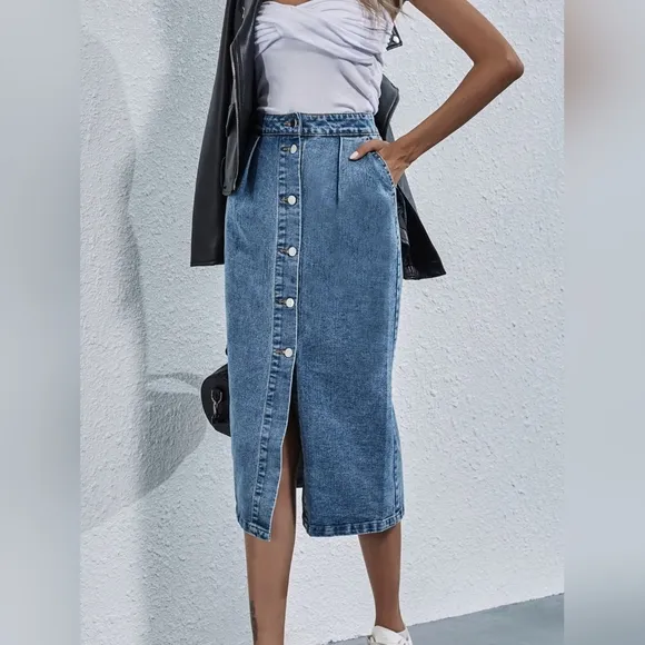 Retro High-Rise Waist Button Front Blue Jean Midi Denim Pocket Pencil Skirt