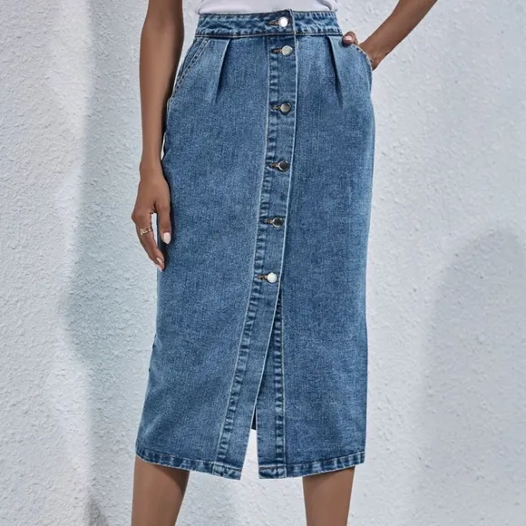 Retro High-Rise Waist Button Front Blue Jean Midi Denim Pocket Pencil Skirt