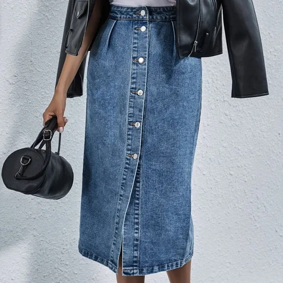 Retro High-Rise Waist Button Front Blue Jean Midi Denim Pocket Pencil Skirt