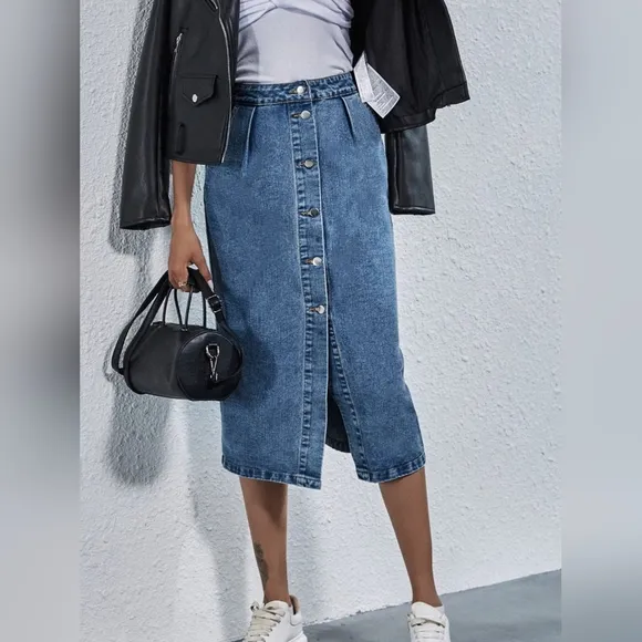 Retro High-Rise Waist Button Front Blue Jean Midi Denim Pocket Pencil Skirt