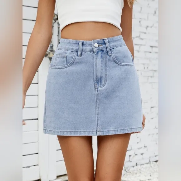 Retro High-Rise Waist Denim Skirt Button Fly Classic Blue Jean Pocket Mini Skirt