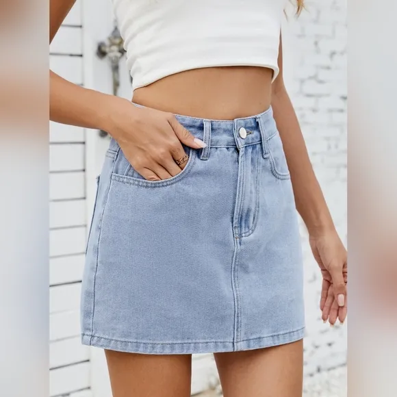 Retro High-Rise Waist Denim Skirt Button Fly Classic Blue Jean Pocket Mini Skirt