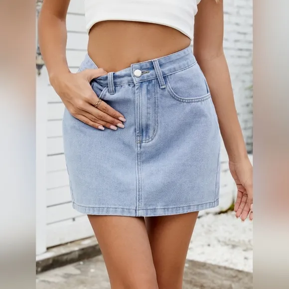 Retro High-Rise Waist Denim Skirt Button Fly Classic Blue Jean Pocket Mini Skirt