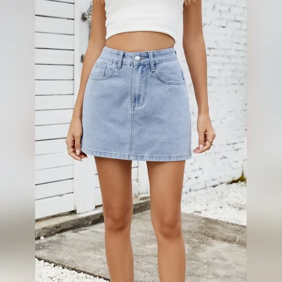 Retro High-Rise Waist Denim Skirt Button Fly Classic Blue Jean Pocket Mini Skirt