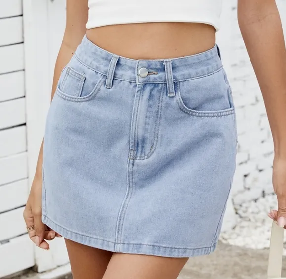 Retro High-Rise Waist Denim Skirt Button Fly Classic Blue Jean Pocket Mini Skirt